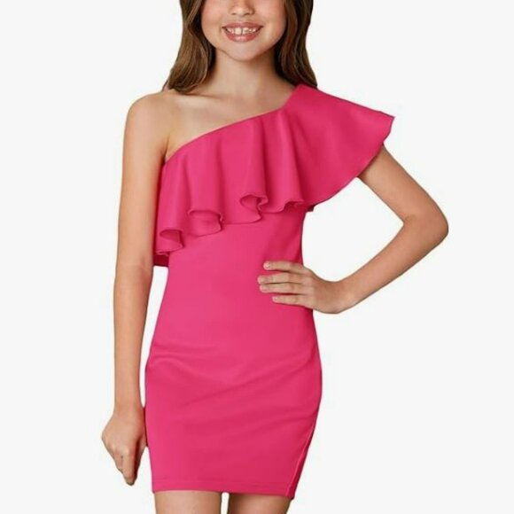 Girl's Pink One Shoulder Ruffle Trim Flounce Dress - Size 8 - Picture 1 of 6